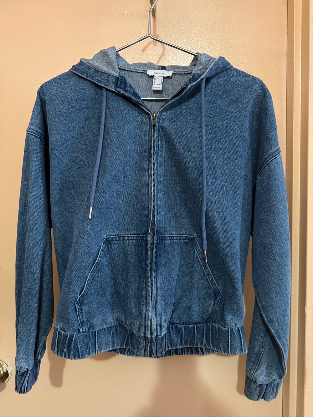 Forever 21 Medium Blue Denim Zip Hoodie Jacket with Drawstring Hood